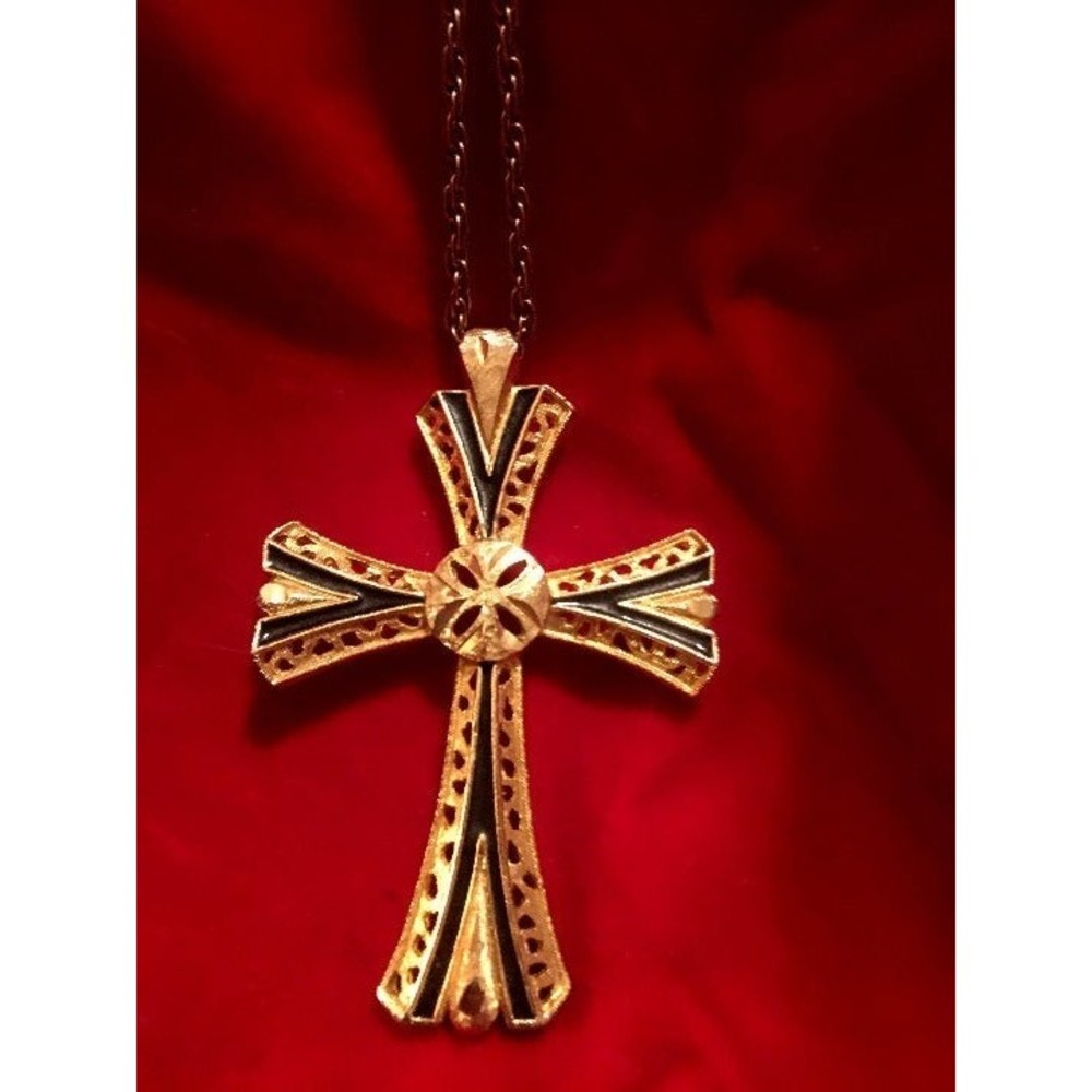 Lg Vtg Maltese Cross Hand Detailed w/Chain 60s Medieval Metal Knight Woman/Man